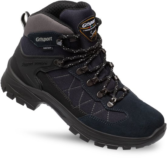 Donkerblauwe mid-hoge wandelschoen met veters, GRETEX logo, Support System, grijs accent op kraag, zwarte zool.