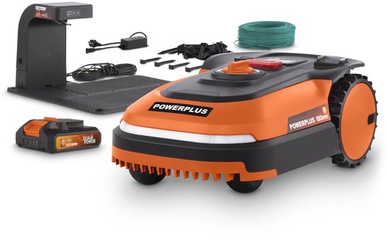 Robotmaaier Powerplus 20V Dual Power, borstelloze motor, 180 mm maaibreedte, app-bediening, 30-60 mm hoogte