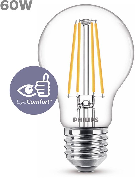 Philips LED lamp, helder, 60W, E27, met EyeComfort logo.
