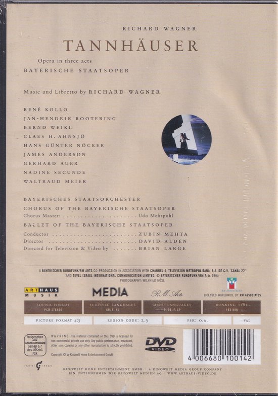 Achterkant van de DVD-hoes van Tannhäuser, opera van Richard Wagner, met cast- en crewinformatie en een kleine afbeelding.