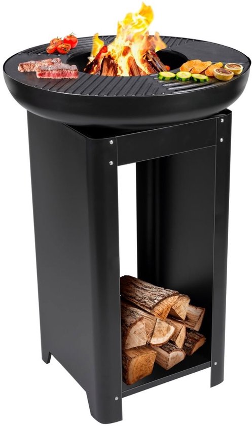 Foyer et plaque de cuisson Alpina 3 en 1 - Cheminée de jardin 61 x 90 cm - avec plaque de cuisson Teppanyaki - BBQ avec rangement pour bois - Foyer d'extérieur - Métal