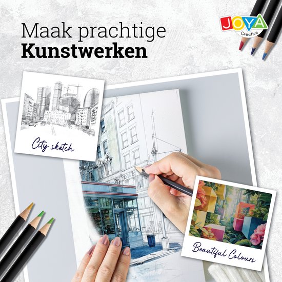 Hand die met een potlood tekent op schetsboek met gebouw, illustraties van stad en kleuren.