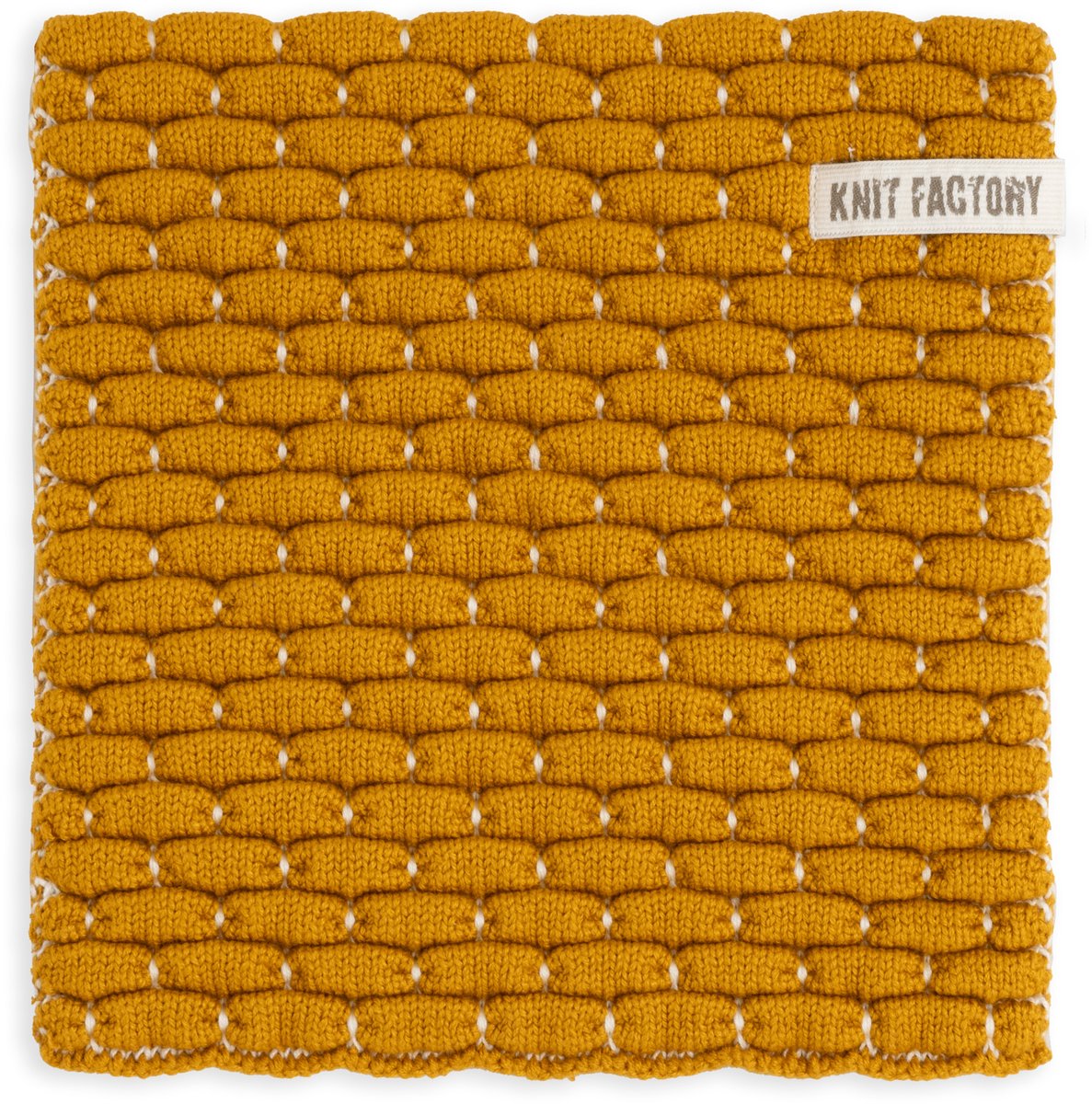 Knit Factory Gebreide Onderzetter Block - Pannenonderzetter - Hittebestendig - Onderlegger pannen - Tafel onderzetter - Opvouwbaar - Ecru/Oker - 20x20 cm - 1 stuk verpakt