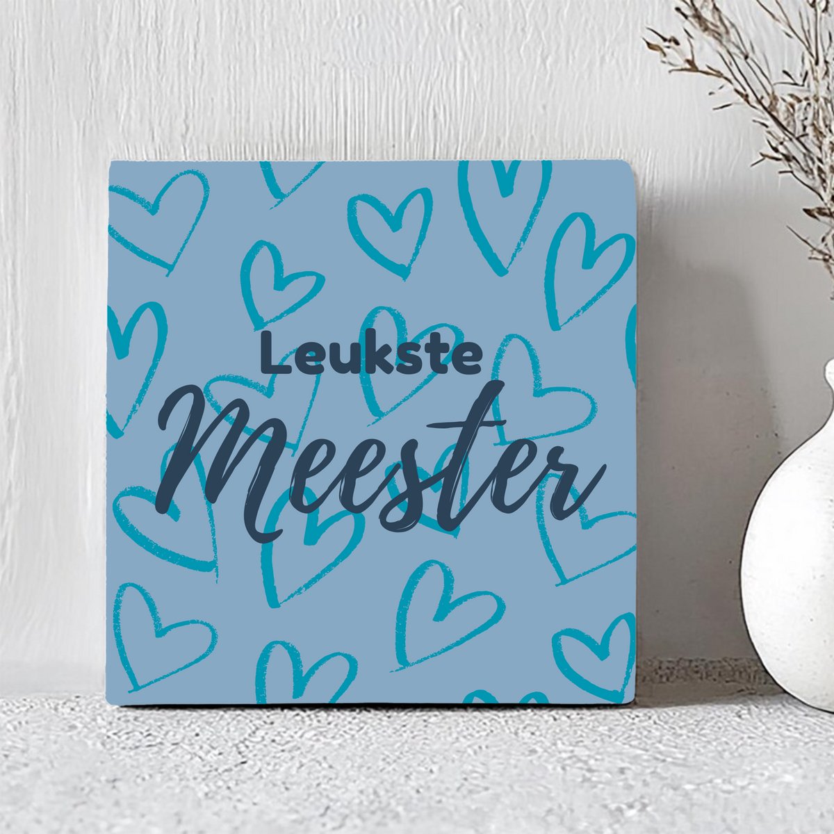 Printazzy - Tegeltjes met Tekst - Leukste Meester - Meester Cadeau - Decoratie Woonkamer - Onderzetters voor Glazen - Blauwe hartjes
