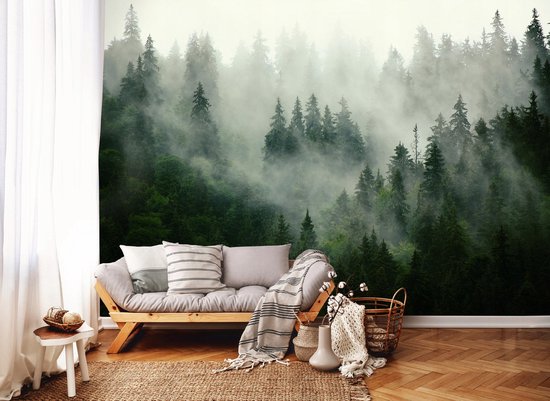 WALLARENA - Fotobehang - 350x250 cm - Fototapete van een bos in de mist voor de slaapkamer en woonkamer, vliesbehang