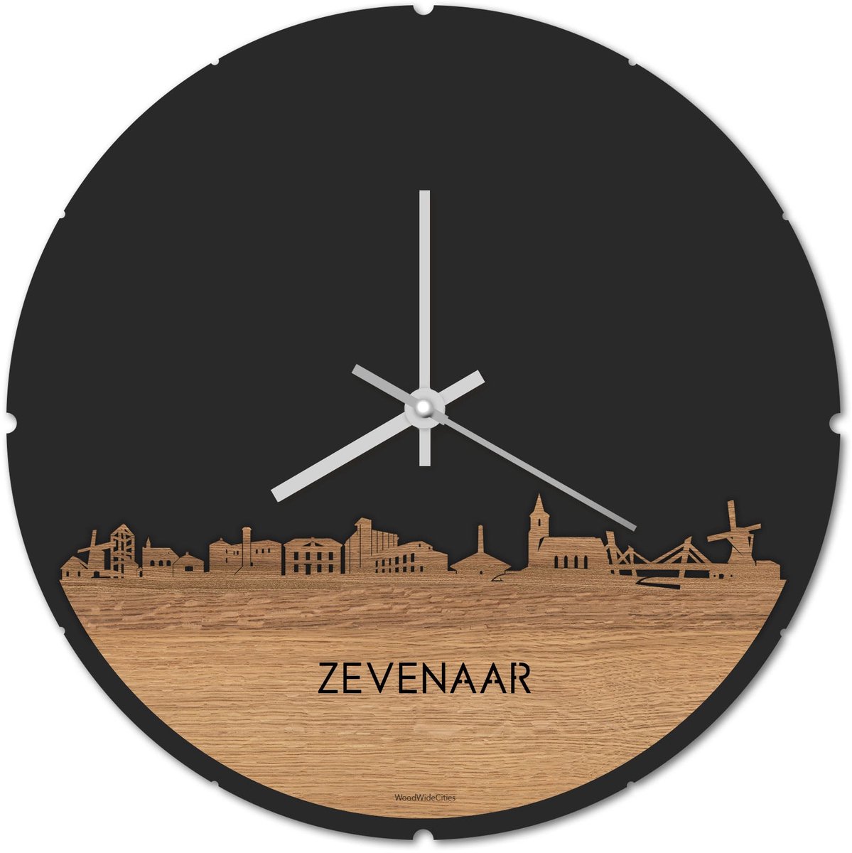 Skyline Klok Rond Zevenaar Eikenhout - Ø 44 cm - Stil uurwerk - Wanddecoratie - Meer steden beschikbaar - Woonkamer idee - Woondecoratie - City Art - Steden kunst - Cadeau voor hem - Cadeau voor haar - Jubileum - Trouwerij - Housewarming -