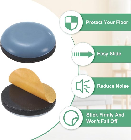 Grijze ronde meubeldopjes met teflon en zelfklevende achterkant. Tekst: Protect Your Floor, Easy Slide, Reduce Noise, Stick Firmly And Won't Fall Off.