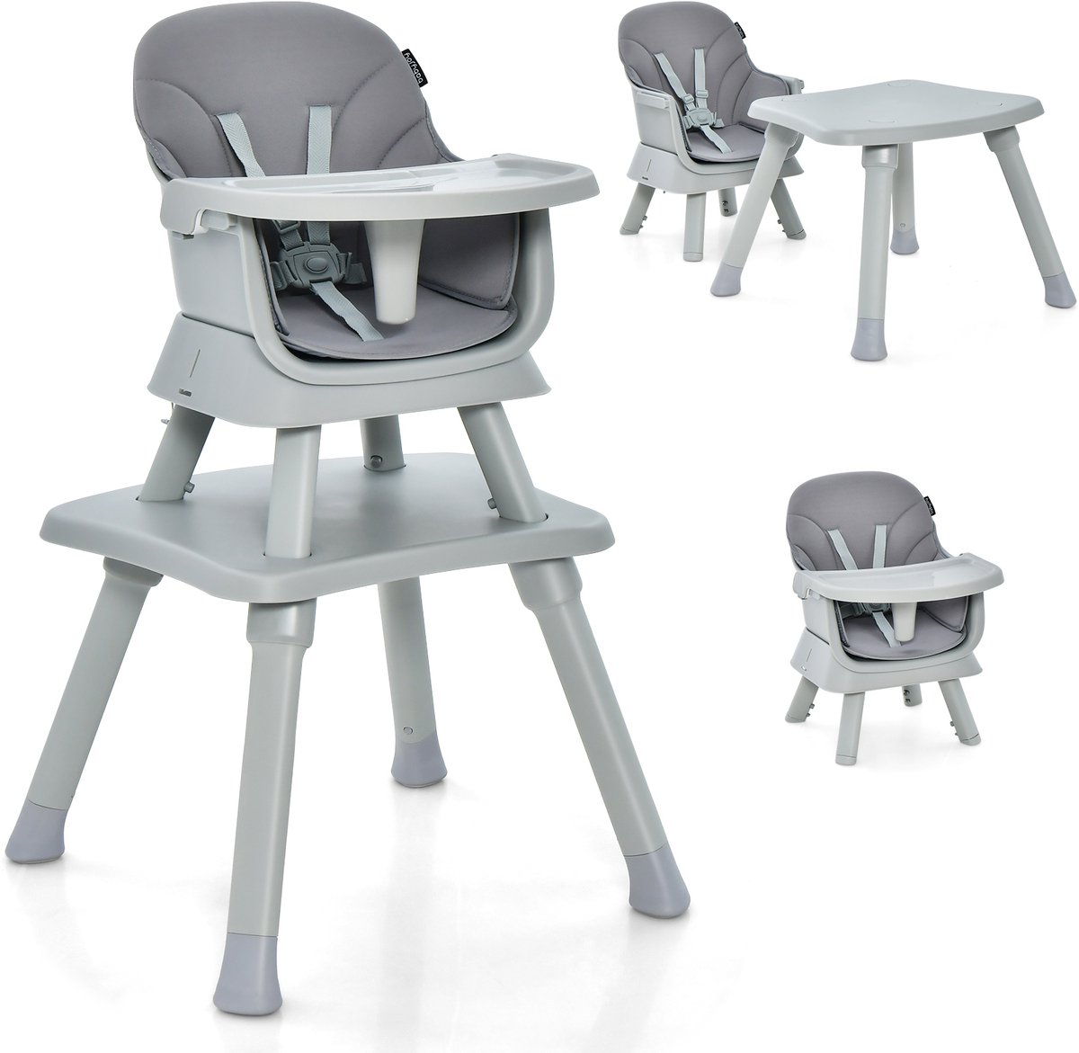 COSTWAY 6-in-1 babystoel, kinderstoel, eetstoel, leertafel, bouwsteentafel, kinderzitgroep, kinderstoel met veiligheidsgordel en afneembaar dienblad, babystoel, combikinderstoel, grijs