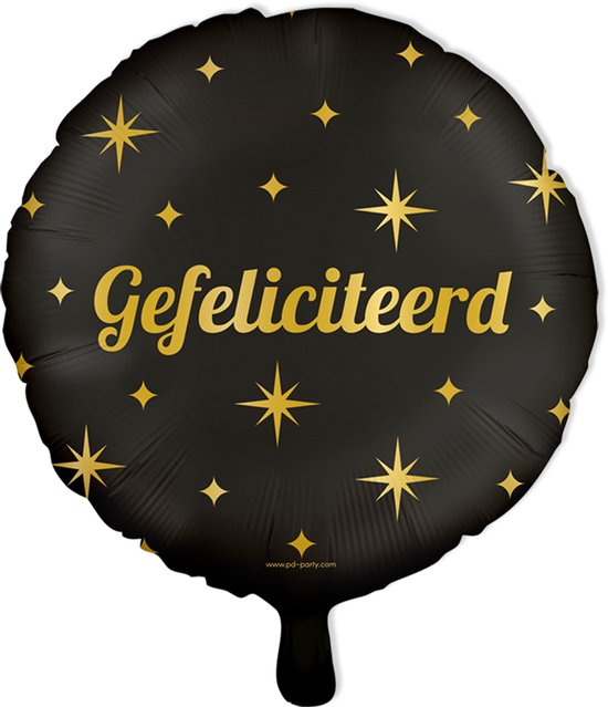 Zwarte folieballon met gouden sterren en de tekst 'Gefeliciteerd'.