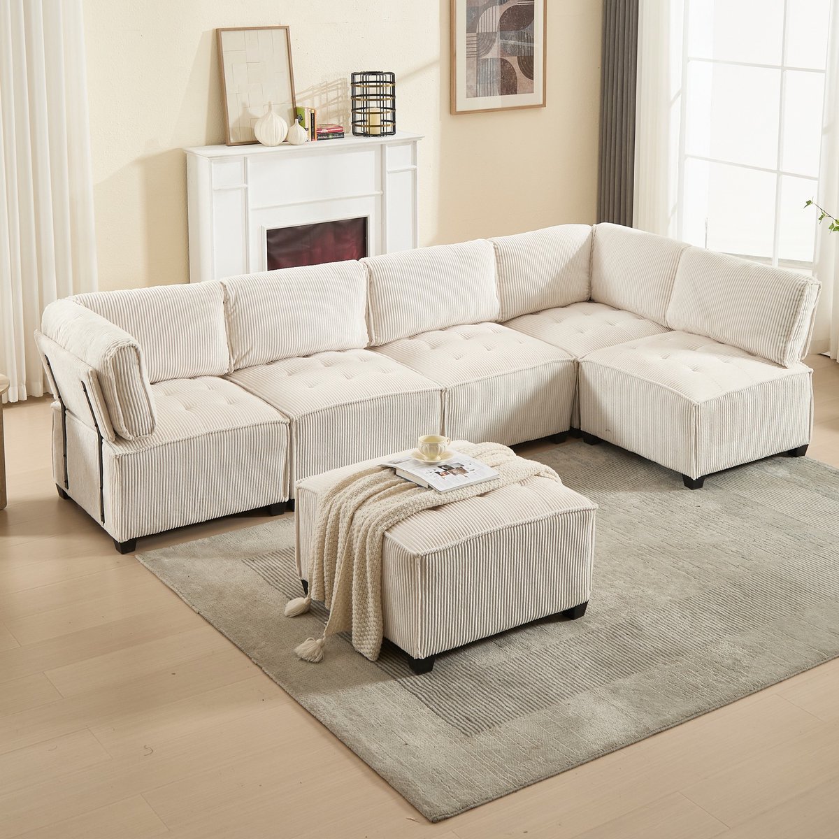 Sweiko Bank - Modulaire 6-zits bank - Corduroy - U-vorm/L-vorm/Slaapbank - Beige