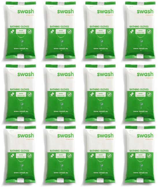 Twaalf verpakkingen met elk vijf witte, geurloze Swash washandjes. De verpakkingen hebben een groene onderkant.
