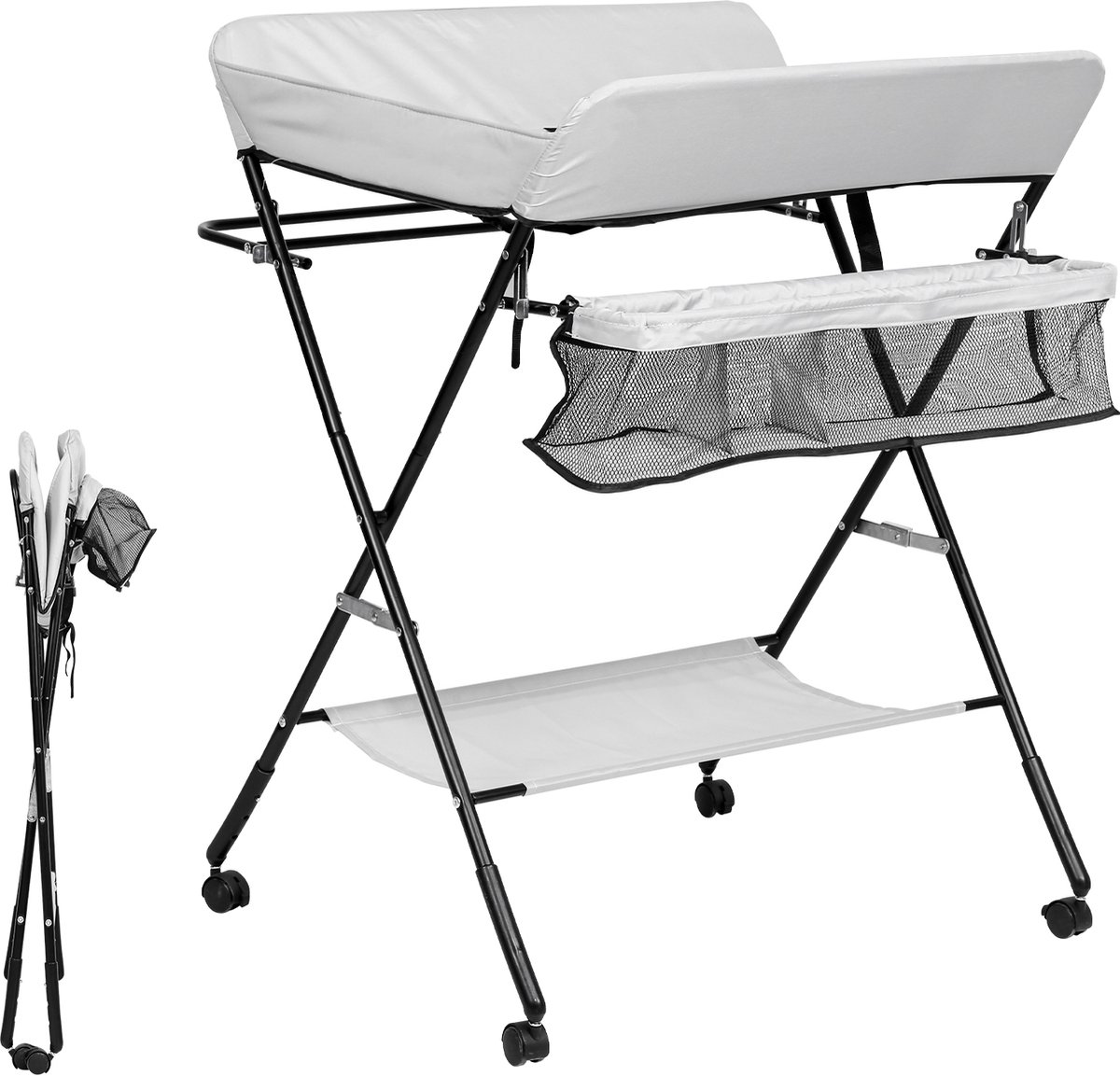Bol.com Luiertafel,Opvouwbaar luieraankleedstation met wielen,Hoogte verstelbaar,Grijs,Inklapbaar,Verzorgingstafel,Box baby,Luie... aanbieding
