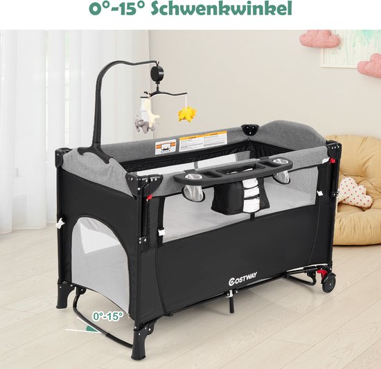 COSTWAY 5-in-1 babybed 120 x 60 cm, 2 niveaus reisbed met matras, aankleedkussen, speelgoed, muziekbox & draagtas, opvouwbaar bijzetbed, mobiel, 4-traps verstelbaar, voor baby's tot 15 kg (grijs