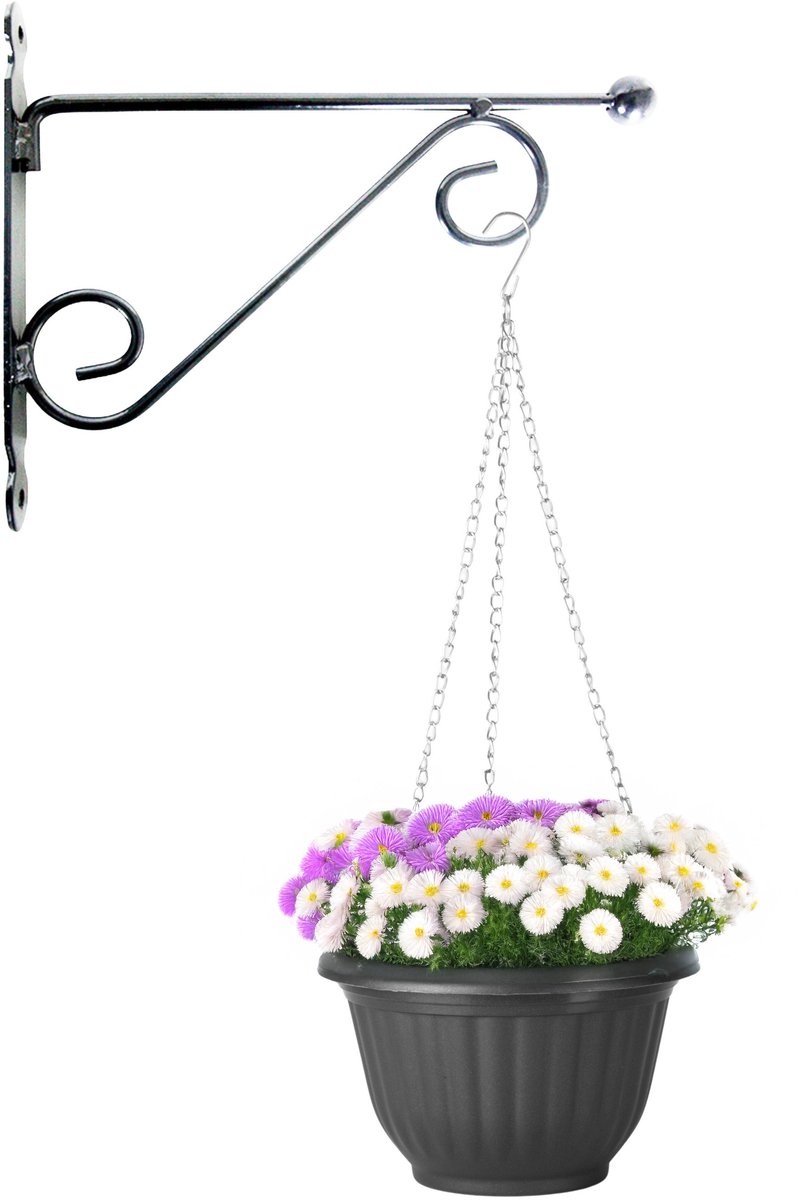 Hangpot + Muurhaak Pisa - antraciet - D20 cm - kunststof - metaal - tuinaccessoires