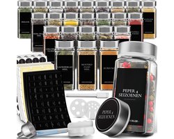 Soothe 24 Glazen Kruidenpotjes Vierkant met RVS Deksel – 2 Soorten Strooideksels – Kruidenstrooier – Spice Jars – Complete Set incl Kruiden Stickers, Krijtstift en Accessoires – 120ml
