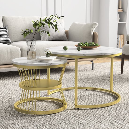 Ensemble de tables basses (2 pièces) - Table basse aspect marbre - Structure en métal doré - Ronde - Style moderne - 70x70x45 cm - Wit + Or