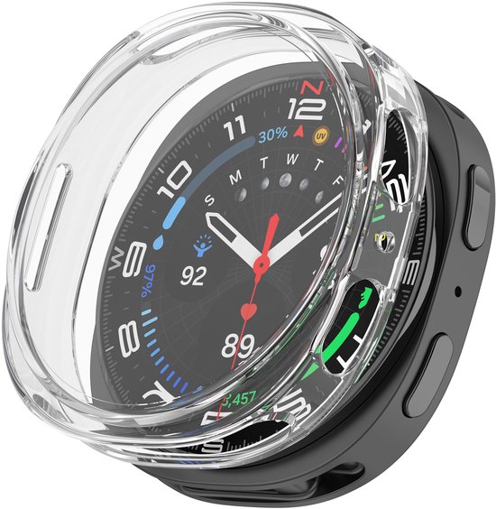Transparante TPU hoes om een zwarte Samsung Galaxy Watch 8 44mm met een digitale wijzerplaat. Toont 30% batterij, UV-icoon en 97% vocht.