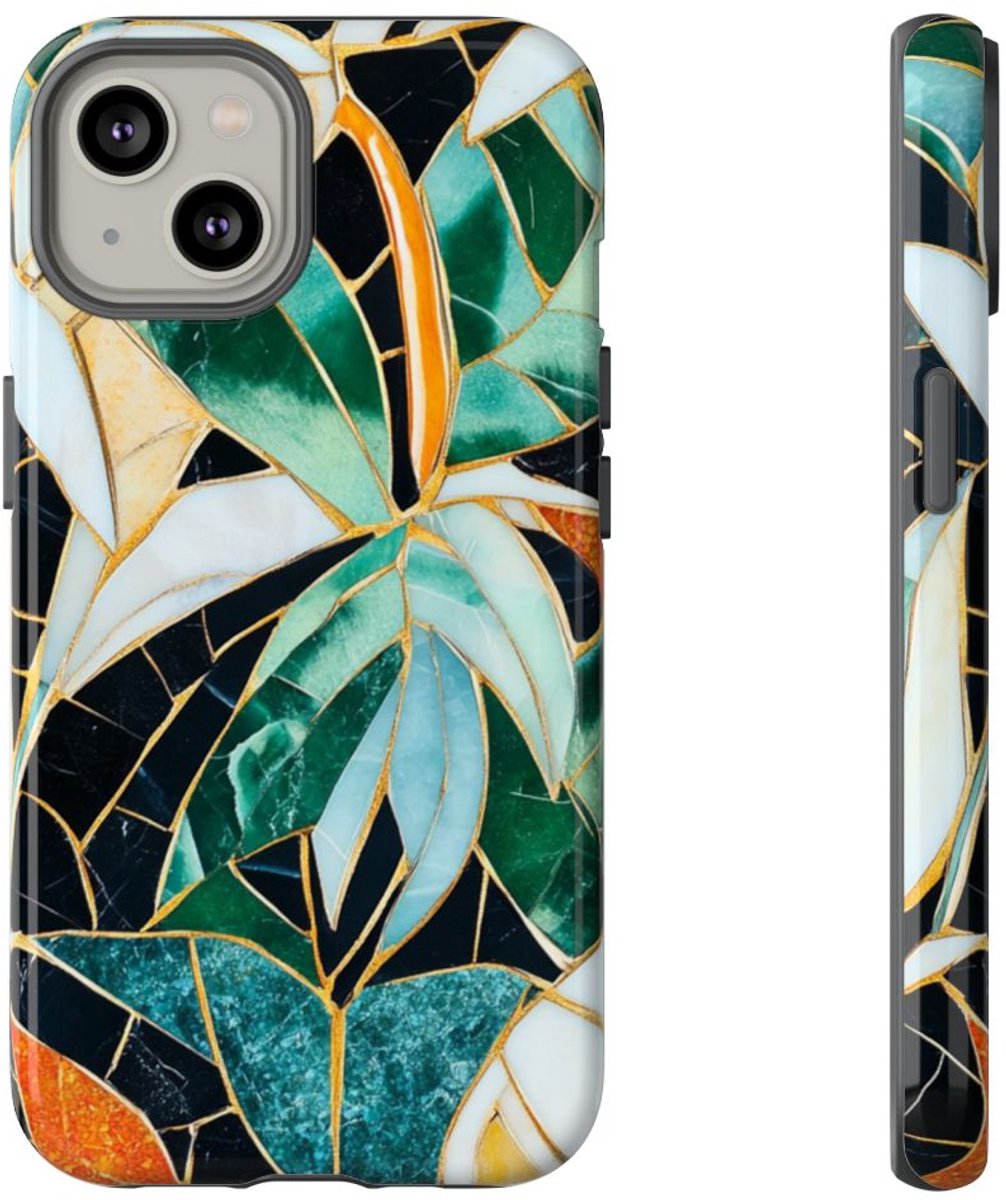 Tropisch Bladmozaïek met Gouden Accenten – Telefoonhoesje Geschikt voor iPhone 14