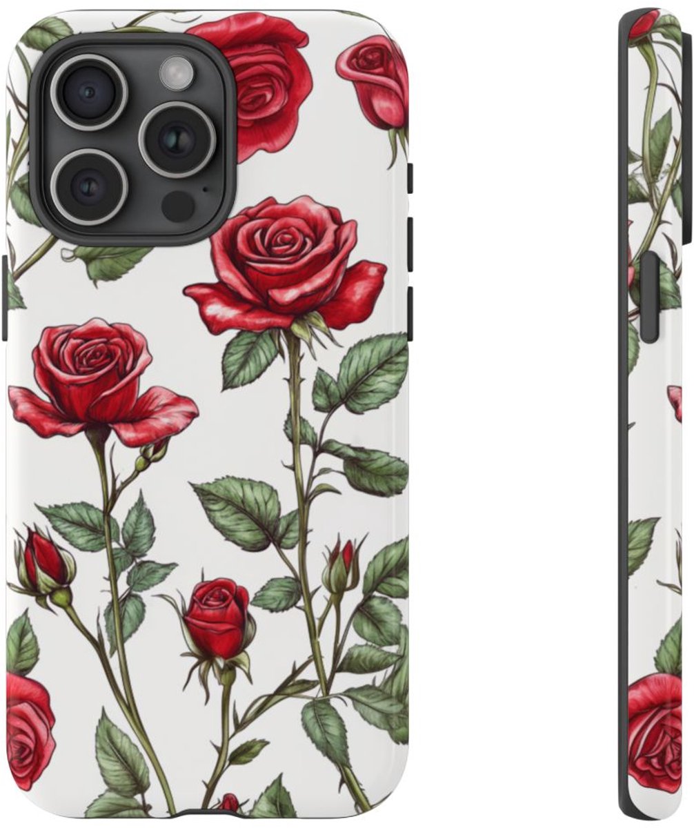 Rode Rozen Botanisch Patroon – Telefoonhoesje Geschikt voor iPhone 15 Pro Max