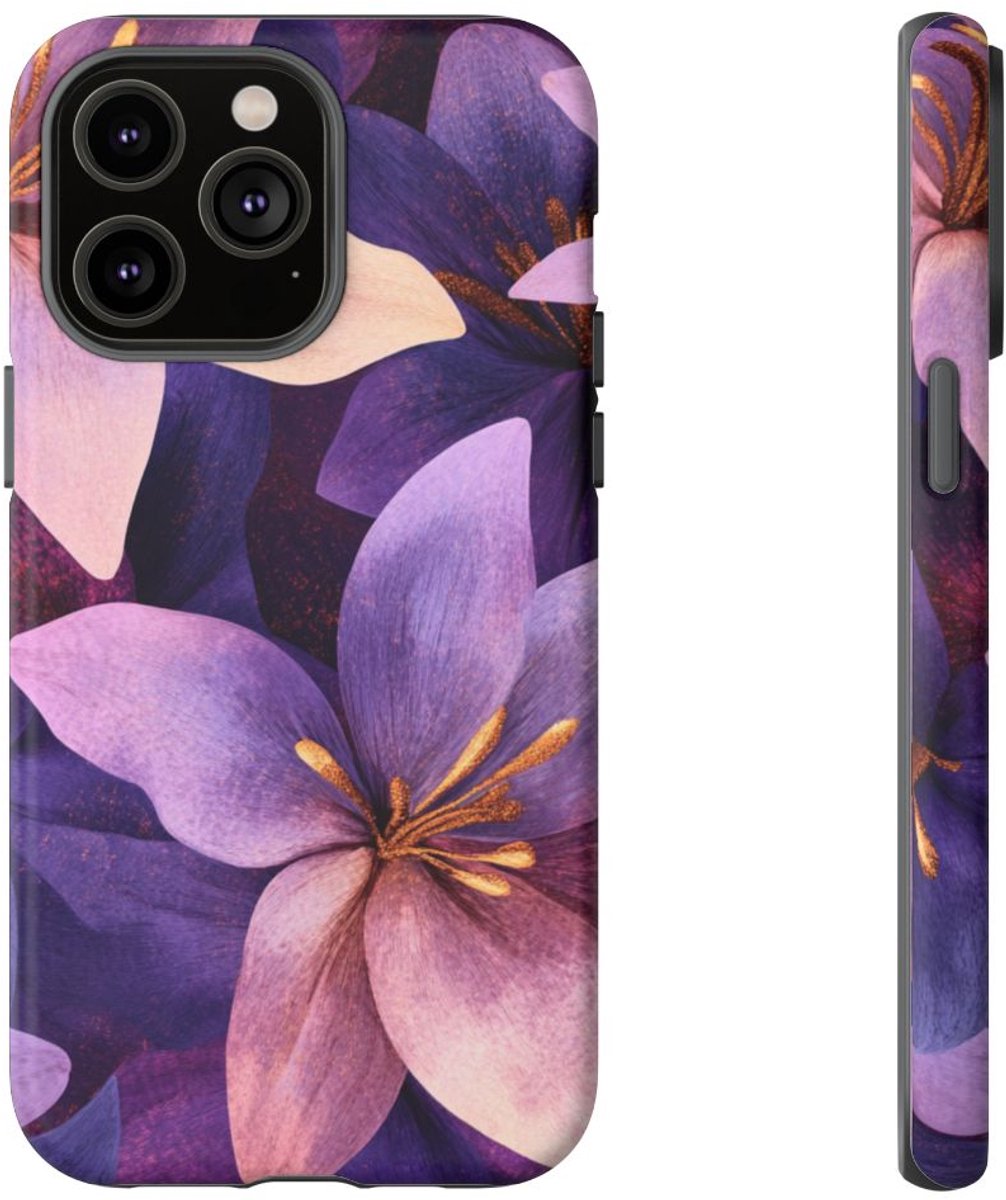 Paars-Gouden Bloemenpatroon – Telefoonhoesje Geschikt voor iPhone 14 Pro Max