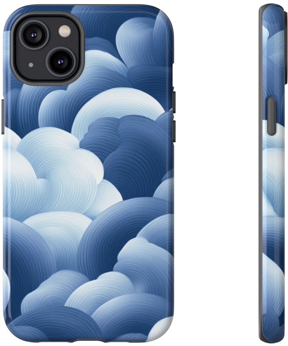 Blauw-Wit Wolkenpatroon – Glanzend Stevig Telefoonhoesje Geschikt voor iPhone 14 Plus
