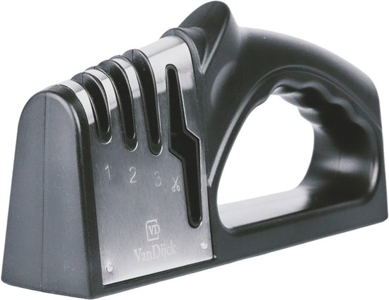 Aiguiseur de couteaux professionnel 4 en 1 VanDijck – Aiguiseur de couteaux antidérapant – Aiguiseur à tirer – Fusil à aiguiser – Aiguiseur de ciseaux et aiguiseur de Couteaux 3 étapes en un – Acier inoxydable