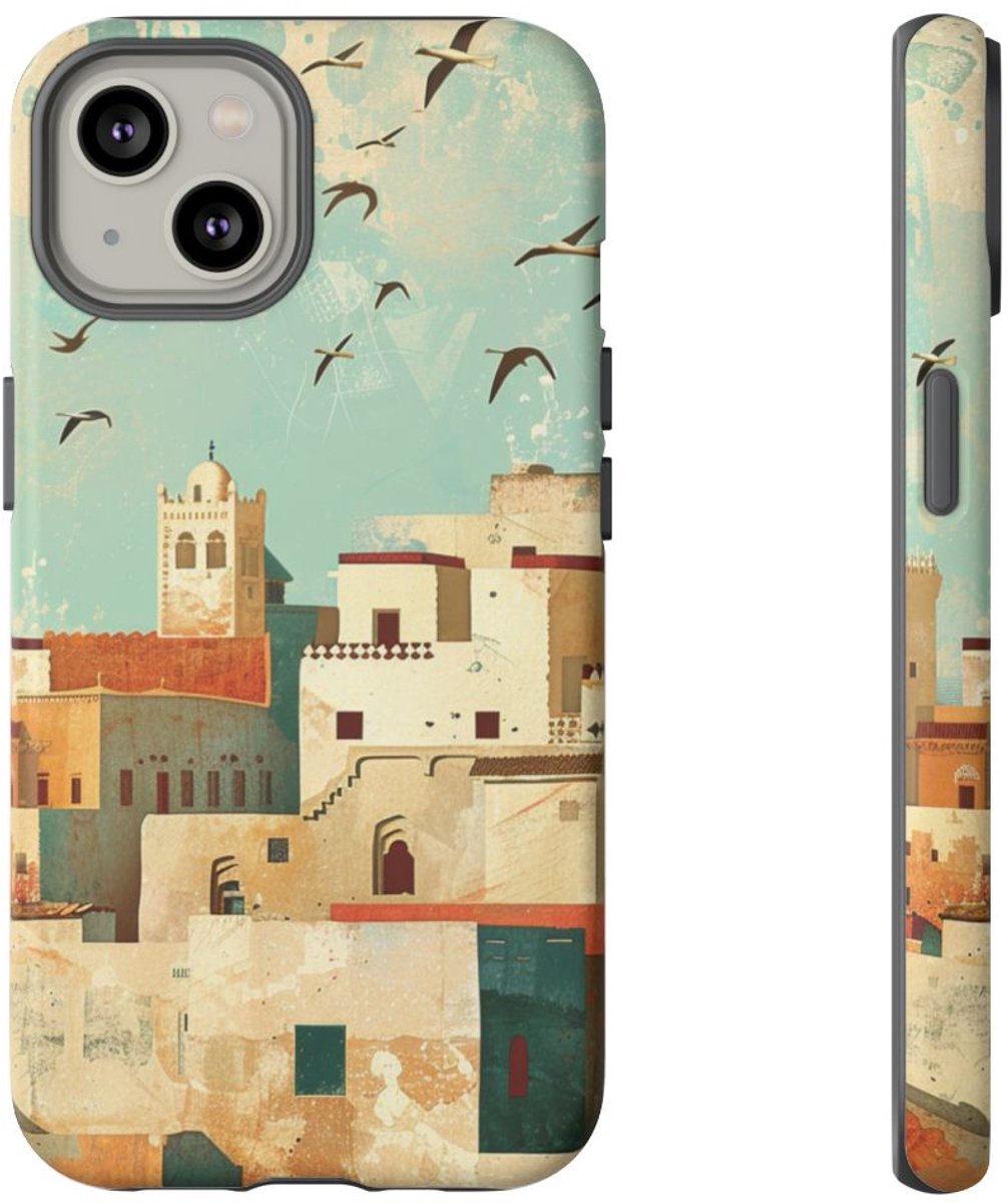 Illustratie van Marokkaanse Kustplaats – Mat Hoesje Geschikt voor iPhone 14