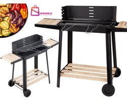 Grote Houtskool Barbecue op Wielen – Verstelbaar Rooster & Houten Legplanken – bbq houtskool – bbq accesoires – bbq hoes – Zwart – 51796
