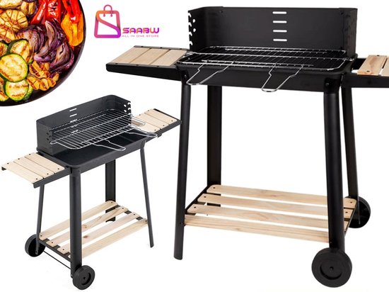 Grote Houtskool Barbecue op Wielen – Verstelbaar Rooster & Houten Legplanken – bbq houtskool – bbq accesoires – bbq hoes – Zwart – 51796