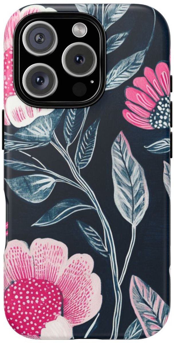 Felroze Bloemenpatroon op Donkerblauw – Telefoonhoesje Geschikt voor iPhone 16 Pro