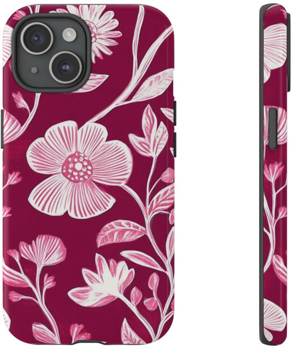 Roze en Witte Bloemenprint – Telefoonhoesje Geschikt voor iPhone 15