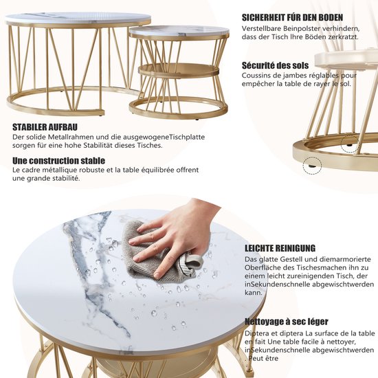 2 tables basses rondes, 70x45cm, 45x45cm, table avec plateau blanc et support de pied noir, table basse ronde intégrée dans le côté du canapé (plateau blanc + pied doré)