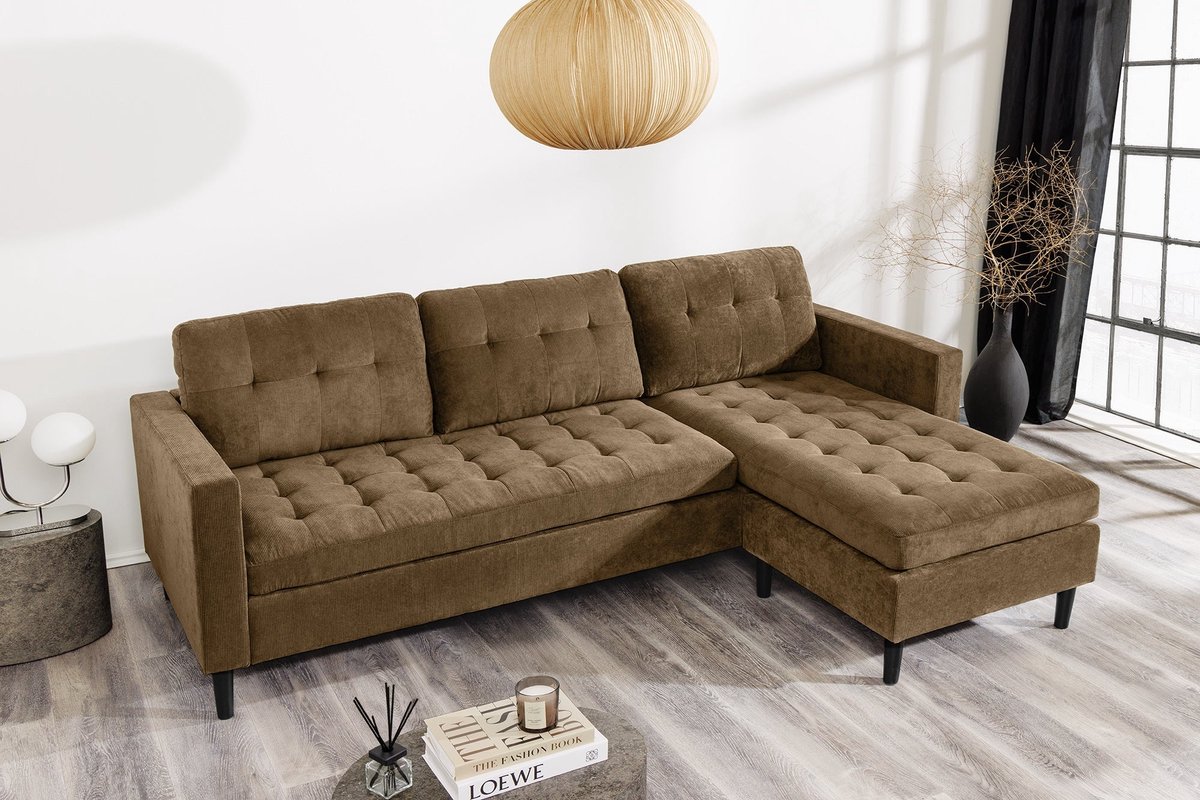 Retro hoekbank STOCKHOLM 220cm bruin corduroy Spring Core 3-zits - 44153