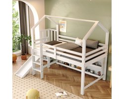Hoogslaper - Kinderbed - eenpersoonsbed - 90x200 cm - met glijbaan - trap - kluisje en plank - zonder matras - wit