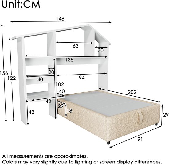 Kinderbed met opbergruimte 90x200cm met LED en USB type-C, beige