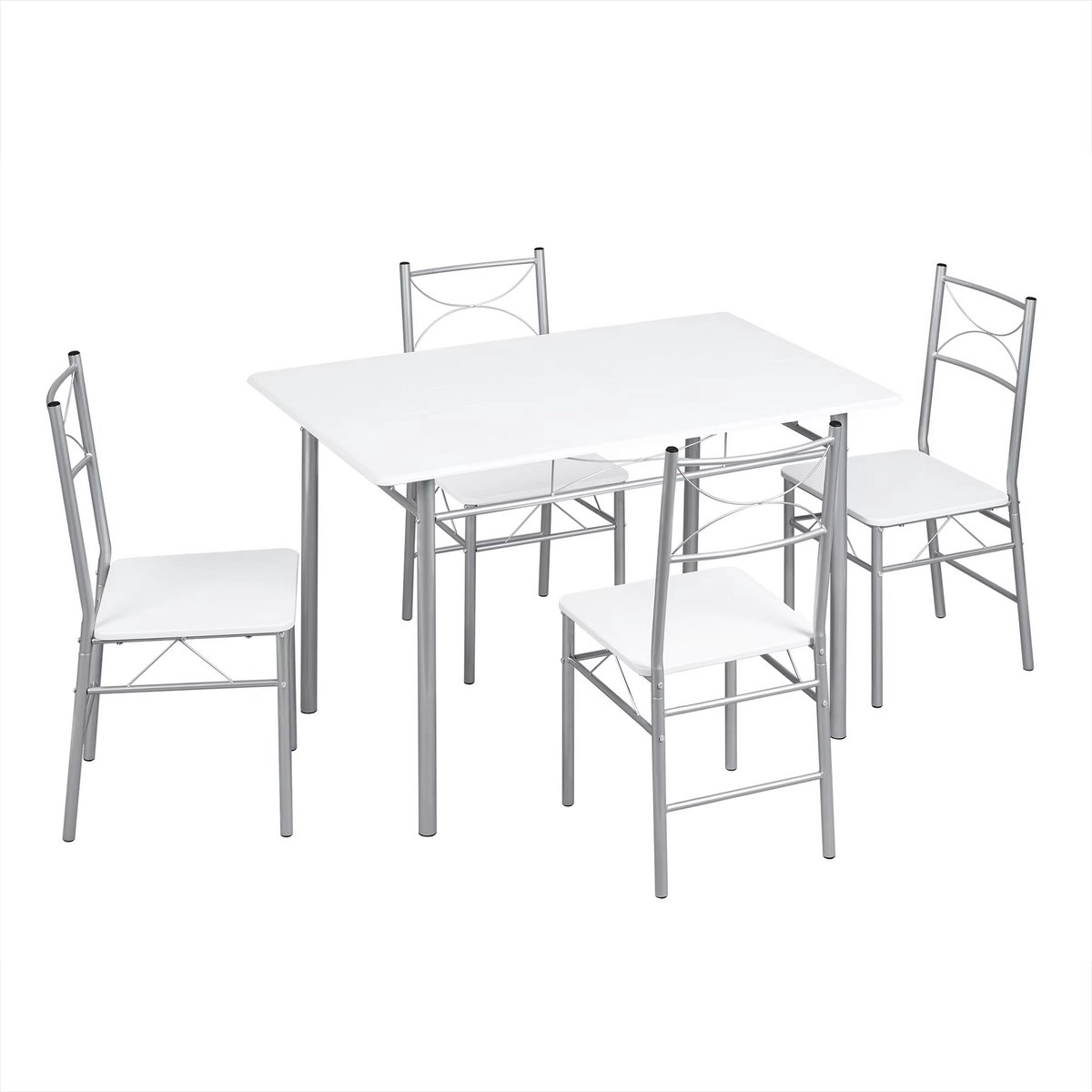 Happiq Eettafel met 4 Stoelen - Voor 4-Zits Eetset - Rechthoekige Keukentafel met Metalen Frame - Eetkamermeubilair Wit