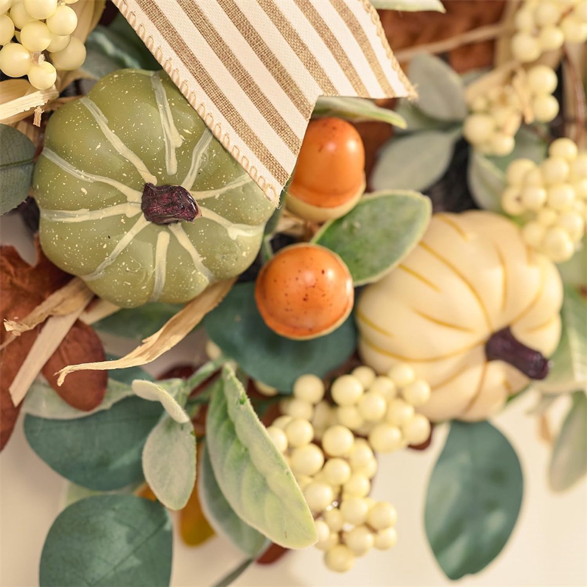 Couronne Automnale Porte Citrouille - Décoration Automne Halloween Avec Noeud Et Baies 40x40cm