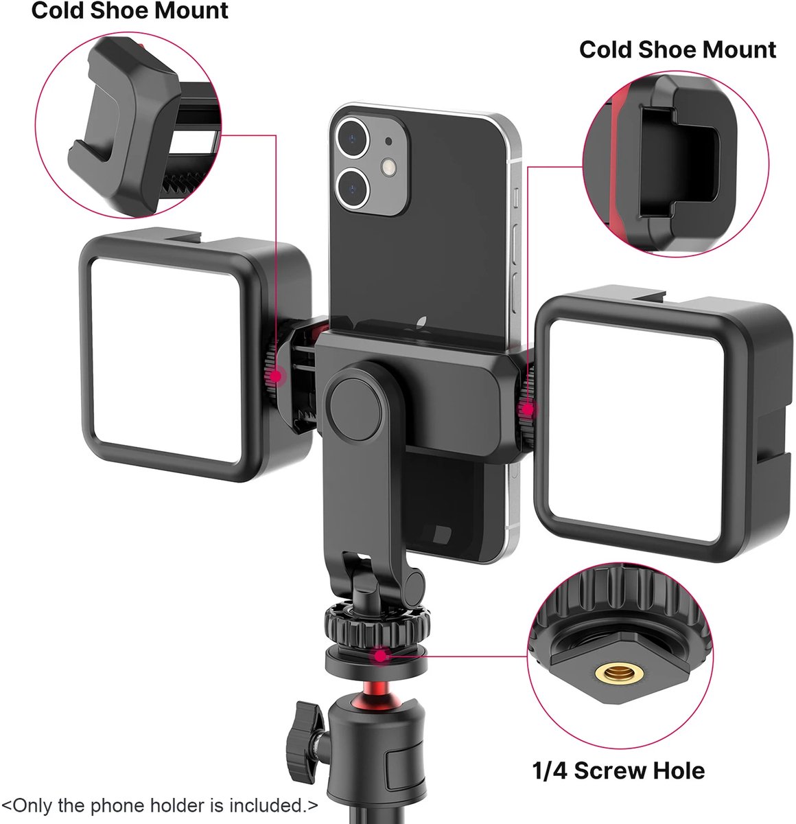 Telefoonhouder voor Statief – 360° Draaibaar met Dubbele Cold Shoe Bevestiging | Smartphone Klem voor Vloggen, Selfies & Livestreamen