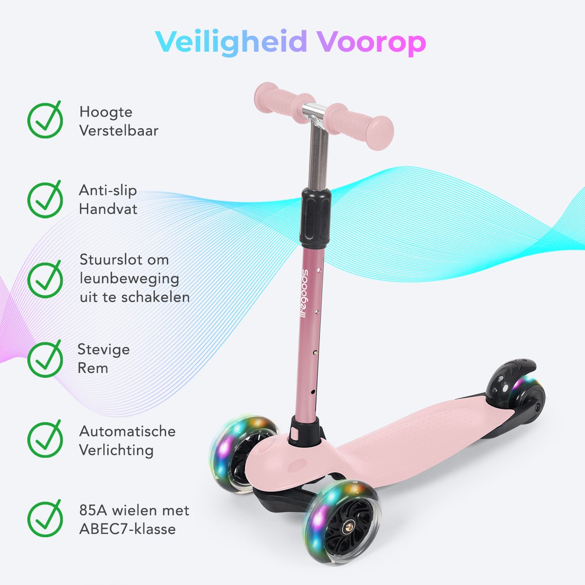 LifeGoods - Kinderstep - Step 2-5 Jaar - 3 Lichtgevende LED Wielen - Hoogte Verstelbaar - Jongens/Meisjes - Pastel Roze — afbeelding 2