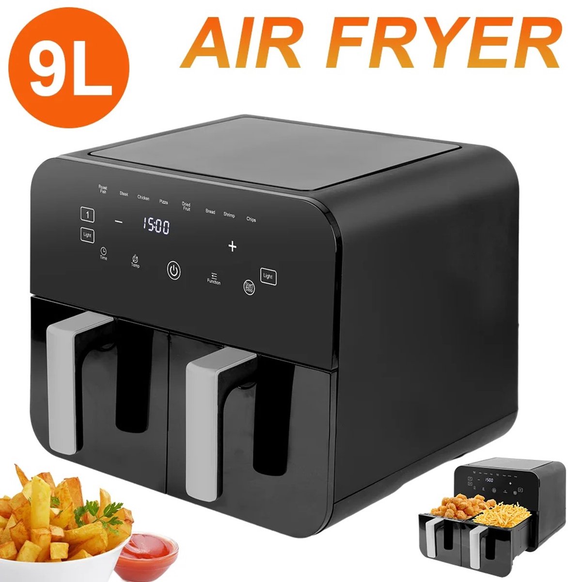 Afbeelding 3 van LiveTastic - Dubbele Airfryer - 2 Manden - 9 L inhoud - Twee kookzones - Kijkvenster - Kleur Zwart - Heteluchtfriteuse - Hete Lucht Oven - 37,9×36×31cm