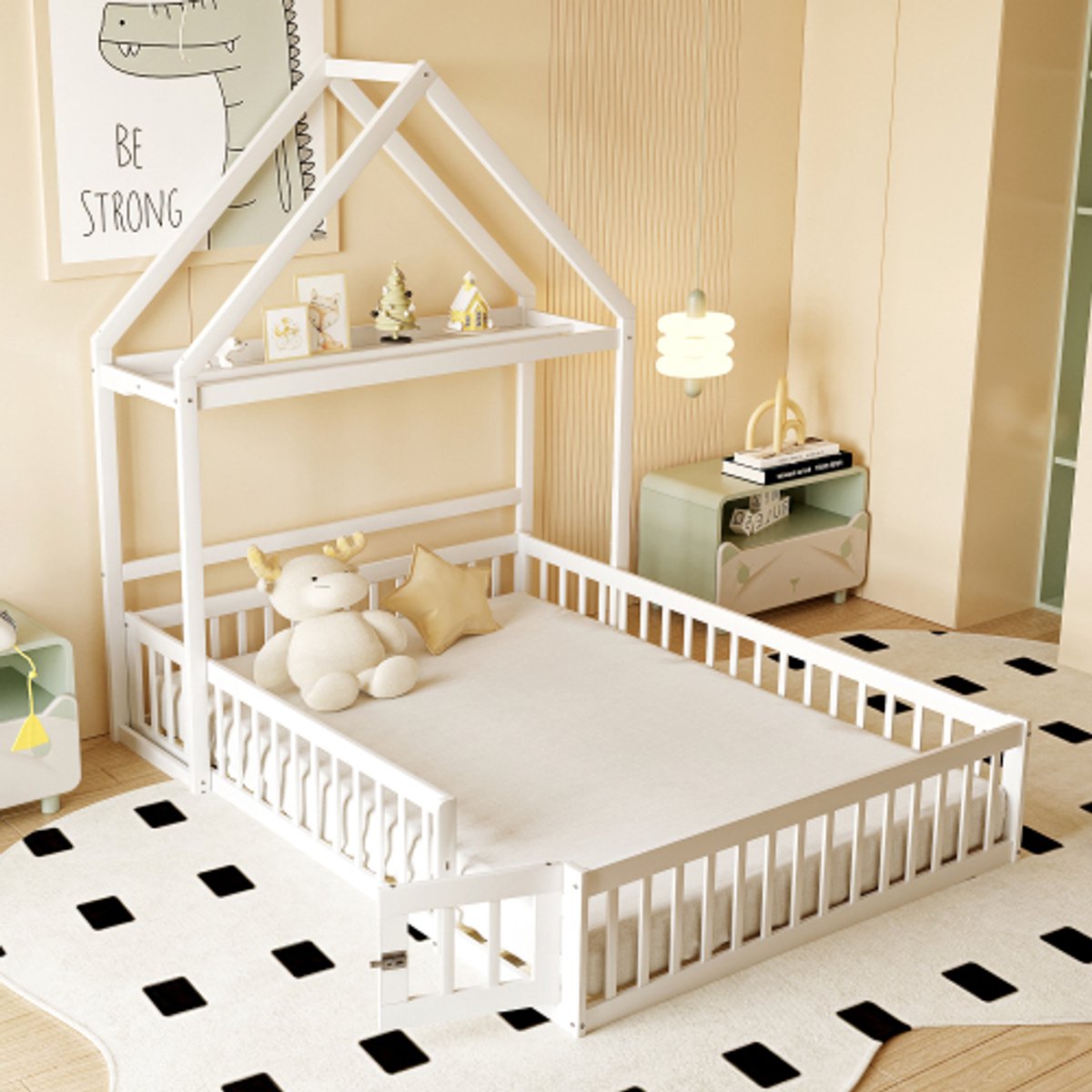 Kinderbed 140 x 200, kinderbedframe van massief hout met opbergruimte, volledige beschermingshekken en deuren en lattenbodem, wit