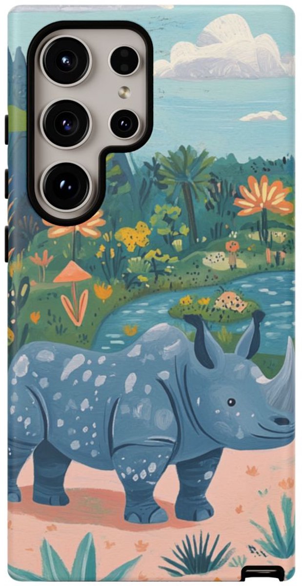 Blauwe Neushoorn Illustratie – Telefoonhoesje Geschikt voor Galaxy S24 Ultra