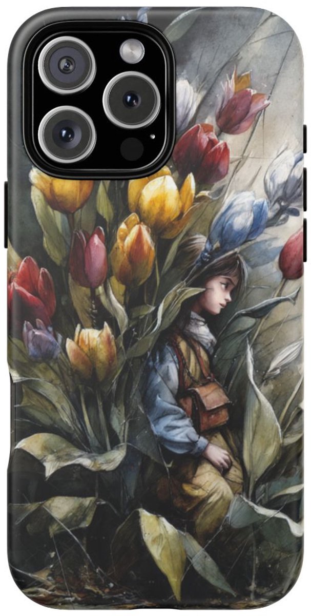 Meisje Tussen Kleurrijke Tulpen – Telefoonhoesje Geschikt voor iPhone 16 Pro Max