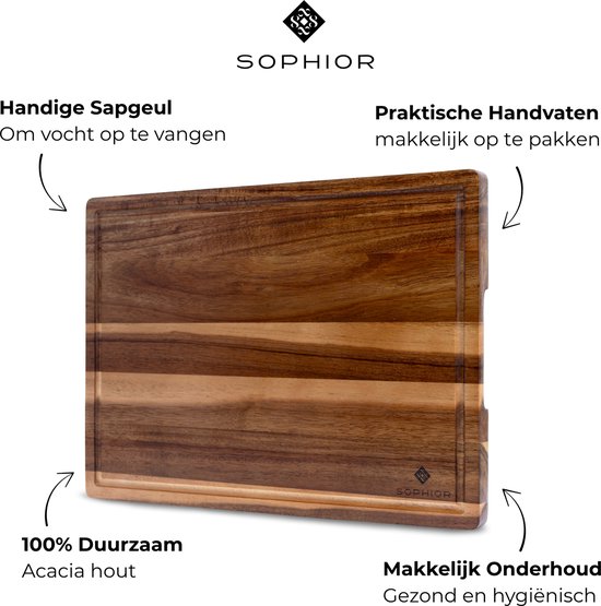 Planche à découper SOPHIOR en bois d'acacia - Groot taille - Planche à découper en bois pour la Cuisine - Planche à découper avec rainure pour le jus - Bois 100 % durable certifié FSC - Accessoires BBQ - Planches à découper - 42 cm x 30 cm x 2 cm