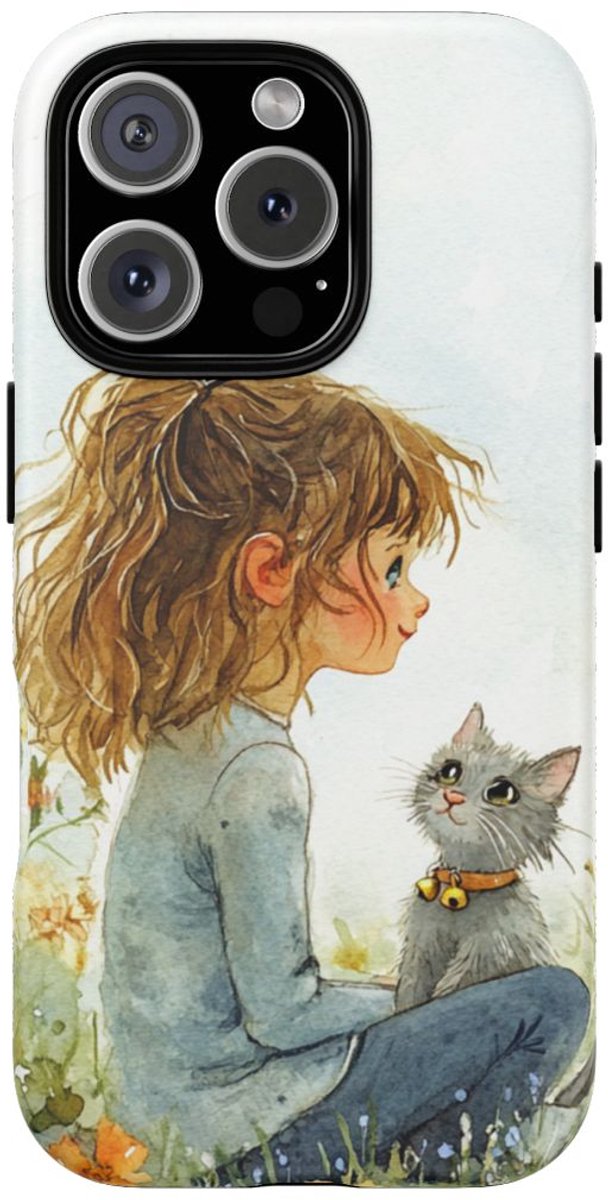 Meisje met Katje in Bloementuin – Telefoonhoesje Geschikt voor iPhone 16 Pro