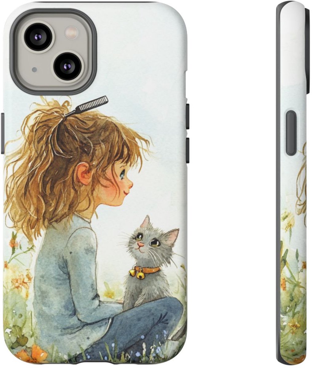 Meisje met Katje in Bloementuin Waterverf – Telefoonhoesje Geschikt voor iPhone 14