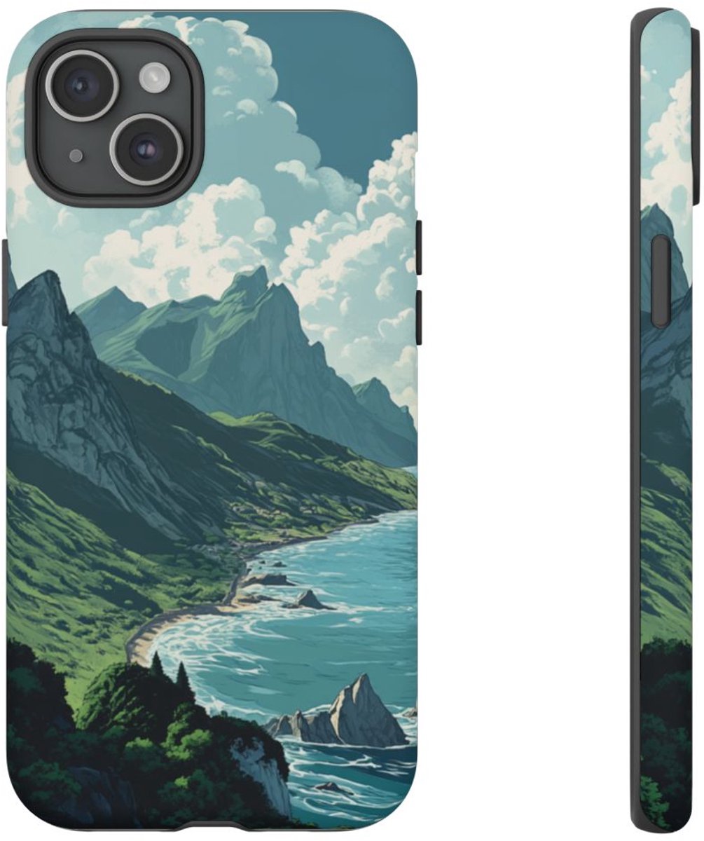 Berglandschap met Zeezicht – Telefoonhoesje Geschikt voor iPhone 15 Plus