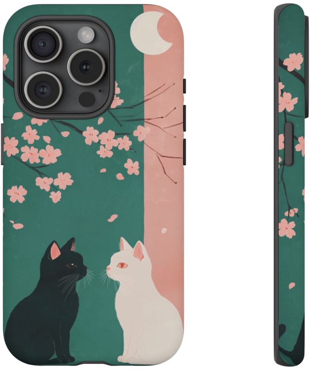 Zwarte en witte katten met kersenbloesem – Telefoonhoesje Geschikt voor iPhone 15 Pro