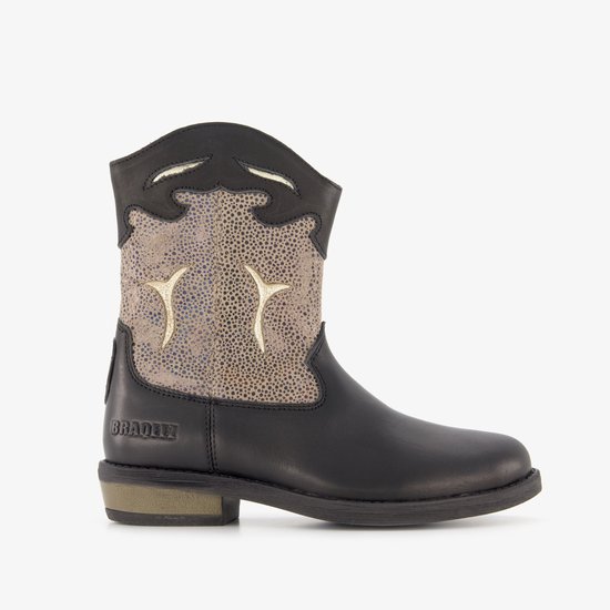 Zwarte leren meisjes cowboylaars met beige/gouden glitter structuurpaneel en gouden sierstiksels.