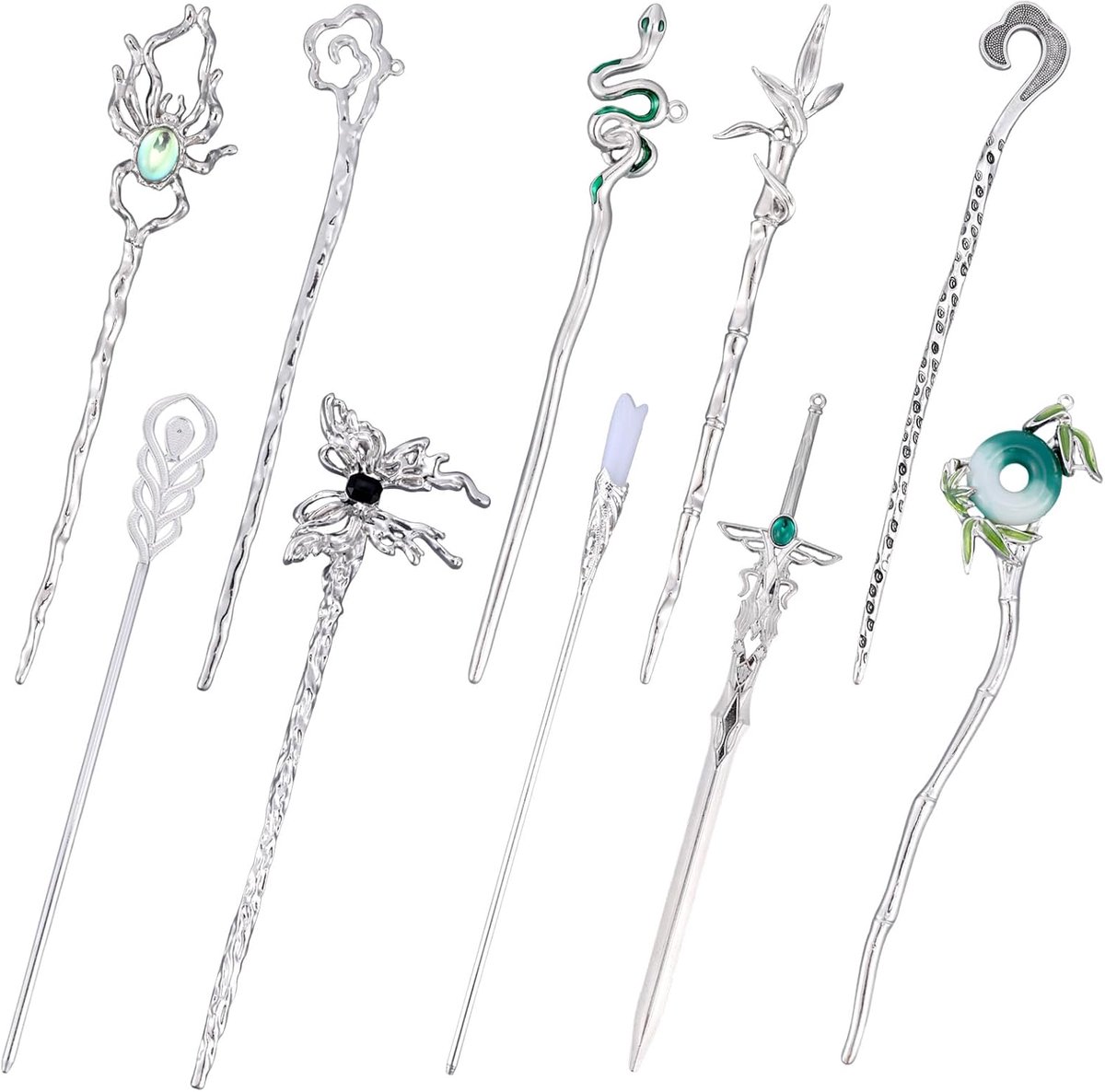10pcs Chinese Hair Sticks - Silver Metal Hanfu Decorative Hairpins - Snake Butterfly Flower Jade Stone Vintage Hair Sticks - Elegant Asian Japanese Hairstyles Accessories voor Vrouwen